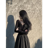 Zingj Hepburn V Neck Long Sleeve Knitted Dress Female Summer French With A Waist Show Long Skirt-Outfit
