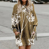 Women Long Sleeve Crew Neck Mini Dresses Casual Loose Floral Printed Fashion Pullover Dresses Autumn Winter Sweatshirts