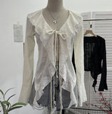 Dark Wind To Make Old Hole Horn Long Sleeve Open Shirt Tie With Lotus Leaf Side V Collar Sunscreen Shirt