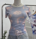 Single-Layer Thin Mesh Tie-Dye-Repair Short-Sleeved T-Shirt For Girls Summer Short-Sleeved Hottie Top