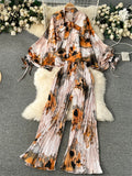 American Fashion Senior Suits Bow Collar Batwing Sleeve Top+Pleated Long Pant 2023 Women Casual Loose Printed