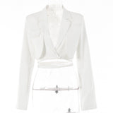 Gray Double Layer Bandage Slim Blazer Women Long Sleeve Pocket Short Jacket Female Notched Collar Outwear Tops 2021