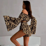 New Women's Shoulder Horn Long-Sleeved Leopard Print Short Coat Short Two