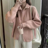 Zingj Zipper Autumn Winter Collar Solid Color Lazy Wind Wear Sweater Coat Jacket Korean Version Soft Waxy Women-Outfit