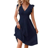 New Lotus Leaf Sleeve Elegant Thin V-Neck Women's Fashion Fashion Hollow Dress Dress