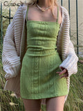 Summer Fashion Elegant Strap Mini Dress Women 2021 Solid Green Knit Casual Streetwear Stretch Slim Office Female