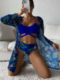 Beach Cover Up And Bikini Set Sexy Swimwear Women Hollow Out Swimsuit High Waist Biquini Female Print