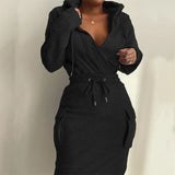 V Neck Hooded Sweatshirt Dress Fashion Long Sleeve Casual Dress Womens Lace-Up Elastic Waist Cargo Pocket Pullover