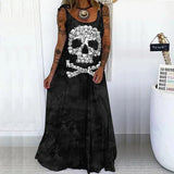 Vintage Punk Skull Print Party Dress Women Elegant O-Neck Sleeveless Sling Long Beach Casual Loose Long Summer