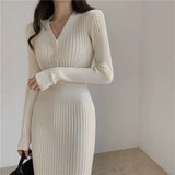 Autumn Winter Women's Woolen V-neck Knitted Party Long Sleeve White Bodycon Casual Dress Elegant Ladies Dresses