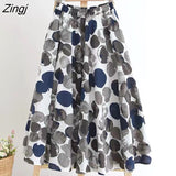 Stripe Cotton Linen Skirts Women Summer Elastic High Waist Pleated Midi Skirt Loose Casual A-Line Beach Boho Skirt