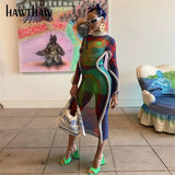 Women Sexy Autumn Long Sleeve Printed Bodycon Mesh See Through Midi Dress 2021 Fall Clothes Wholesale Items