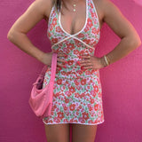 Flower Floral Print V Neck Halter Tank Dress Woman Summer Sleeveless Backless Bodycon Mini Dresses Ladies