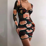 Women Autumn Winter Long Sleeve Square Collar Rose Printed Bodycon Package Hip Mini Dress 2020 Fall Clothes