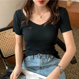 2021 Basic V-neck Solid Thin Summer Pullover Women Female Knitted Ribbed Sweater Slim Short Sleeve Bodycon