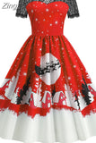 Christmas Costume Party Dress Short Sleeve Vintage Women Winter Xmas Sundress Robe