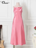 Cowl Neck Spaghetti Strap Midi Vestidos Satin Buttons Slit Hem Sexy Bodycon Robes Fashion Women Streetwar Party