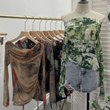 Vintage Graffiti-Printed Shoulder-Threin Mesh Long-Sleeved Blouse Side Drawstring Tethered With Slime T-Shirt