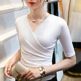 Summer Thin Women Crossed V Neck Mesh T Shirts Lady Elegant Elastic Base Folds Tops Tees Female Half Sleeve
