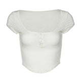 2025 Summer New Short-Sleeved U-Neck Single Buckle Body Open Umbilled Solid Color T-Shirt