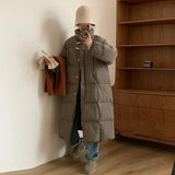 East Gate Korean Horn Buckle Long Down Jacket Female 2024 Winter Temperament Over The Knee And Thick White Duck Velvet Coat Tide-Outfit
