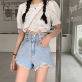 Women Streetwear Cute Hole High Waist Button Oversize S-5XL Soft Fashion Elegant Office Lady Summer Clothing Harajuku