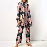 Turn Down Collar Blouse + Wide Leg Pants Outfits Women Autumn Long Sleeve Tee Suit Elegant Floral Printed Two Piece