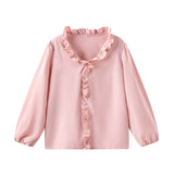 Spring And Summer New Solid Color Long-Sleeved Lotus Leaf-Side Shirt Women's