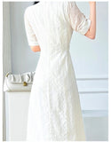 Lace Midi Dresses for Women 2023 New Summer French Embroidery Square Neck Short Sleeve Elegant Fashion Female