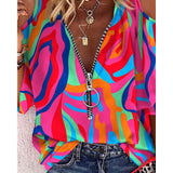 Abstract Print Zip Front Cold Shoulder Top Shirt Women Casual Elegant Top Femme Vintage Casual Blouses for Beach