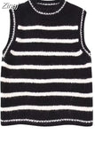 Striped Sweater Vest For Women Knitted Sleeveless Vest Woman Round Neck Cropped Sweaters Winter Women's Sweaters