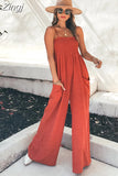Women Jumpsuit Square Collar Suspenders Sleeveless Backless Nipped Waist Loose Wide Legs Casual Pants Romper High