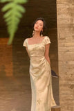 Party Midi Dresses for Women 2025 Summer Square Collar Slim Prom Female Clothes Wedding Evening Satin Dress New Robe 211-1-Outfit