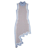 Asymmetrical Wavy Hem Round Collar Knit Midi Dress-Outfit