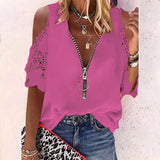 Lace Zipper Blouse Hollow Out Short Sleeve Women V-neck 5XL Casual Fashion Shirt Lady Loose Sexy Elegant Tops Mujer