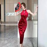 Autumn New French Vintage Red Sleeveless Velvet Midi Dresses Women Elegant Chic Jacquard Beading Sexy Slim Female