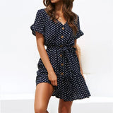 Summer Beach Chiffon Dress Casual Short Sleeve Polka Dot Dress Boho Mini Party Dress Elegant V Neck Sundress