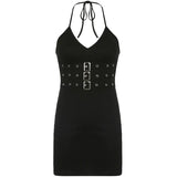 y2k Buckle Halter Dress Backless Sexy Black Party Dress Tie Up V Neck Retro Fashion Streetwear Sundress Beach