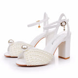 Cm Coarse Fish Mouth Sandals Square Sandals White Pearl Wedding Dress Sandals Pearl Wedding Shoes