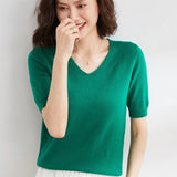 Zingj / Summer 2024 New Knit Short Sleeve Female V Collar Bottom Knit Sleeve Half Sleeve Sweater Loose Bottom Sweater-Outfit
