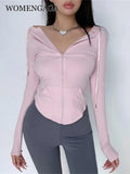 Autumn Thin Long Sleeve Tops Slim Skinny Short Zipper Hooded Cardigan Sweatshirt Workout Korean Women