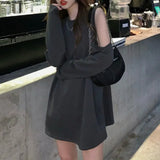 Korean Style Solid Hoodie Women Streetwear Grey Hollow Out Open Shoulder Pullovers O-neck Goth Punk Sweatshirts