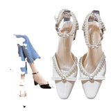 Zingj Girl Knot Pearl Baotou Single Shoes Women's Heel Thick Heel Retro Mary Jane Shoes 2024 New Sandal
