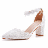 Lace Pointed Women's Singles Lace Wedding Dress Shoes Spring Thick Heel Sharp Sandals White Wedding Shoes