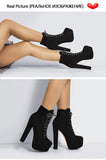 Onlymaker Women's Platform Round Toe Short Booties Block Chunky High Heel Lace Up Black Thick Plus Size Party Dress Ankle