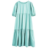 White Cotton Puff Sleeve Dress Woman Summer Midi Dress Short Sleeve Cascading Ruffles Blouses