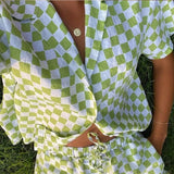 Women Lounge Wear Summer Plaid Tracksuit Shorts Set Short Sleeve Shirt Tops And Mini Shorts Suit Green Two Piece