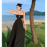 Zingj Pure Desire Wind Hang Neck Dress Female Summer New Sexy Back Leakage Waist Pleated Holiday Long