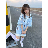 Japanese Summer Kawaii Long T-shirt Women Star Print Cute Salior Collar Harajuku Graphic T Shirts Y2k Aesthetic Tee