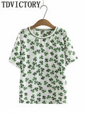 Vintage Printed Thin Chiffon Pullover Tops T Shirt Women Fashion Casual Elegant Chic Silk Satin Loose